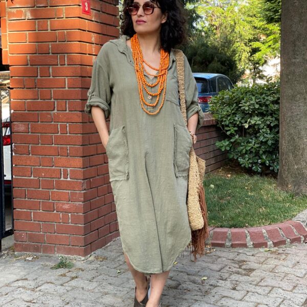 Pamuk Keten Bohem Haki Elbise