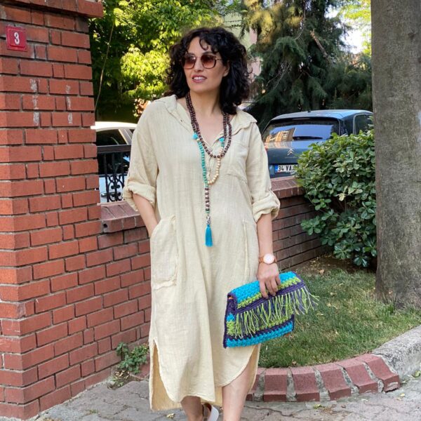 Pamuk Keten Bohem Bej Elbise