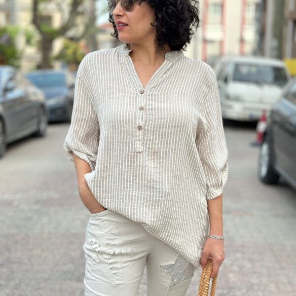 İtalyan Tasarım Çizgili Bej Gömlek