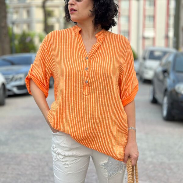 İtalyan Tasarım Çizgili Turuncu Gömlek