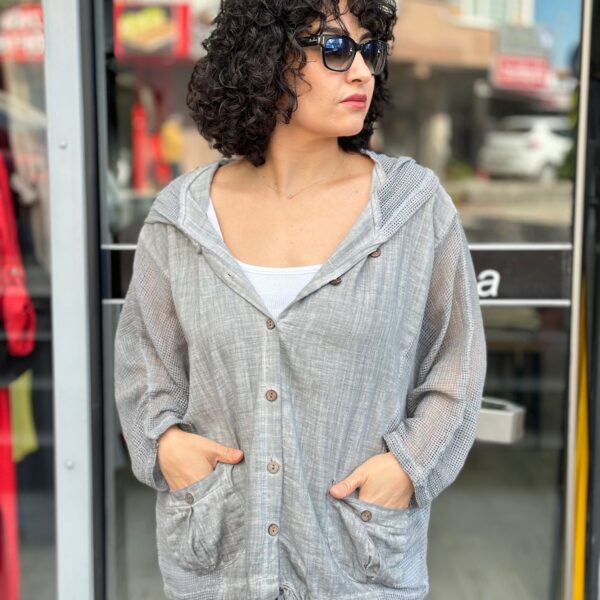 File Detaylı Gri Keten Ceket