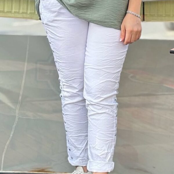 İtalyan 4 Cep Yanı Taşlı Beyaz Pantolon